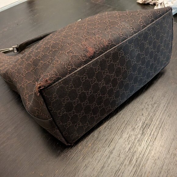 🤞LAST DROP🤞GUCCI Denim Monogram Hobo Dark Brown w/ Dust Bag - Picture 6 of 13